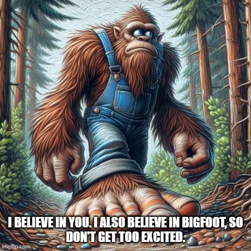 I beleive | I believe in you. I also believe in Bigfoot, so
Don't get too excited. | image tagged in f539301552ba150d5433e0ad4dcc7de2 jpg | made w/ Imgflip meme maker