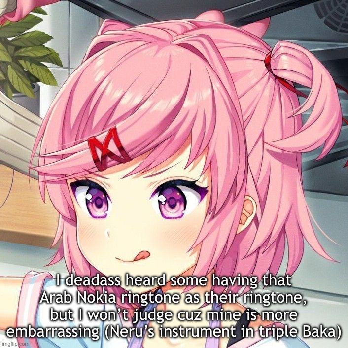 natsuki | I deadass heard some having that Arab Nokia ringtone as their ringtone, but I won’t judge cuz mine is more embarrassing (Neru’s instrument in triple Baka) | image tagged in natsuki | made w/ Imgflip meme maker
