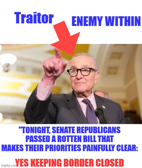 Impeach all dual citizens in GOV. Why do dems have so many Jewish citizens in their party in gov ? | Enemy Within; Traitor; "Tonight, Senate Republicans passed a rotten bill that makes their priorities painfully clear:; YES keeping border closed | made w/ Imgflip meme maker
