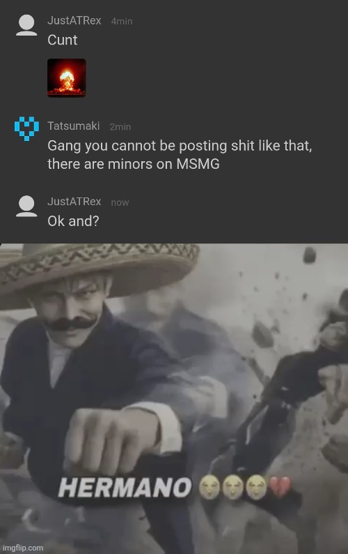 "ok and?" chud ass response | image tagged in hermano | made w/ Imgflip meme maker