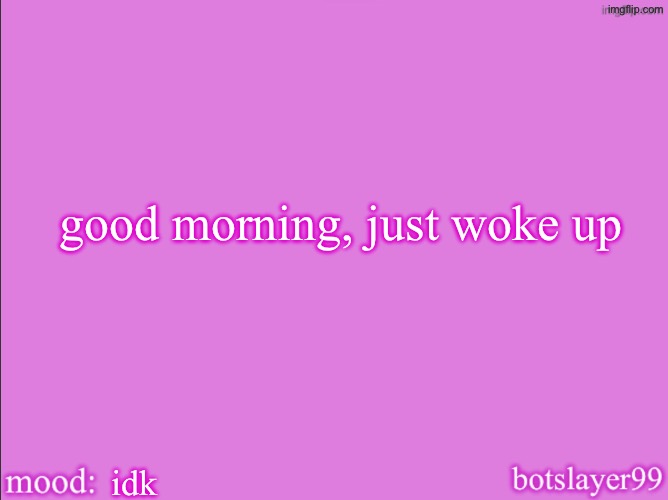 botslayer announcement temp v2 | good morning, just woke up; idk | image tagged in botslayer announcement temp v2 | made w/ Imgflip meme maker