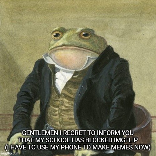 :( | gentlemen I regret to inform you that my school has blocked imgflip (I have to use my phone to make memes now) | image tagged in gentlemen it is with great pleasure to inform you that | made w/ Imgflip meme maker