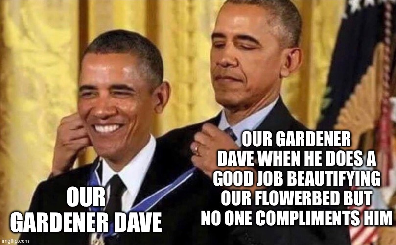 Somebody give him a pat on the back! | Our gardener Dave when he does a good job beautifying our flowerbed but no one compliments him; Our gardener Dave | image tagged in obama medal | made w/ Imgflip meme maker