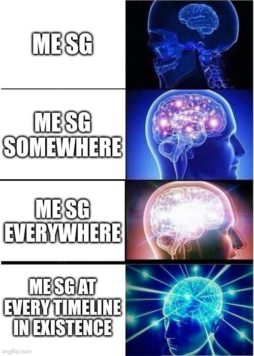 Expanding Brain | Me SG; Me SG somewhere; Me SG everywhere; Me SG at every timeline in existence | image tagged in memes,expanding brain | made w/ Imgflip meme maker