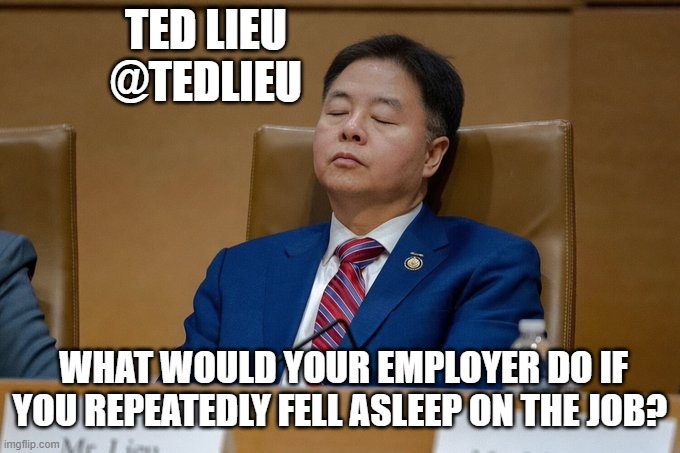 Who's Sleeping on the Job Now? | Ted Lieu
@tedlieu; What would your employer do if you repeatedly fell asleep on the job? | image tagged in who's sleeping on the job now | made w/ Imgflip meme maker