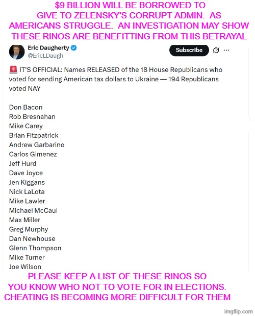 more rinos | $9 billion will be borrowed to give to zelensky's corrupt admin.  As Americans struggle.  An investigation may show these rinos are benefitting from this betrayal; please keep a list of these rinos so you know who not to vote for in elections. Cheating is becoming more difficult for them | made w/ Imgflip meme maker