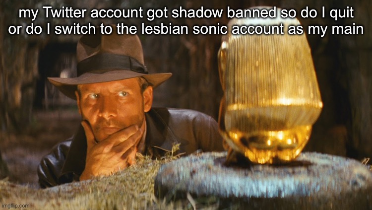 Indiana Jones Idol | my Twitter account got shadow banned so do I quit or do I switch to the lesbian sonic account as my main | image tagged in indiana jones idol | made w/ Imgflip meme maker