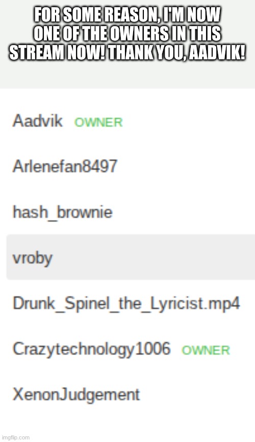 good for you twin - vroby | For some reason, I'm now one of the owners in this stream now! Thank you, Aadvik! | image tagged in wut | made w/ Imgflip meme maker