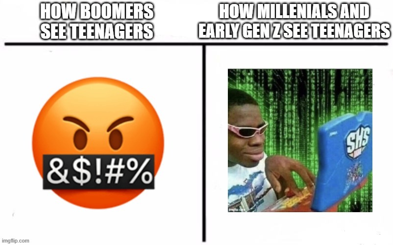 One think's they're chatterboxes, the other thinks they're addicted to gaming | image tagged in memes,teenagers,boomers,millennials,ryan beckford,oh wow are you actually reading these tags | made w/ Imgflip meme maker
