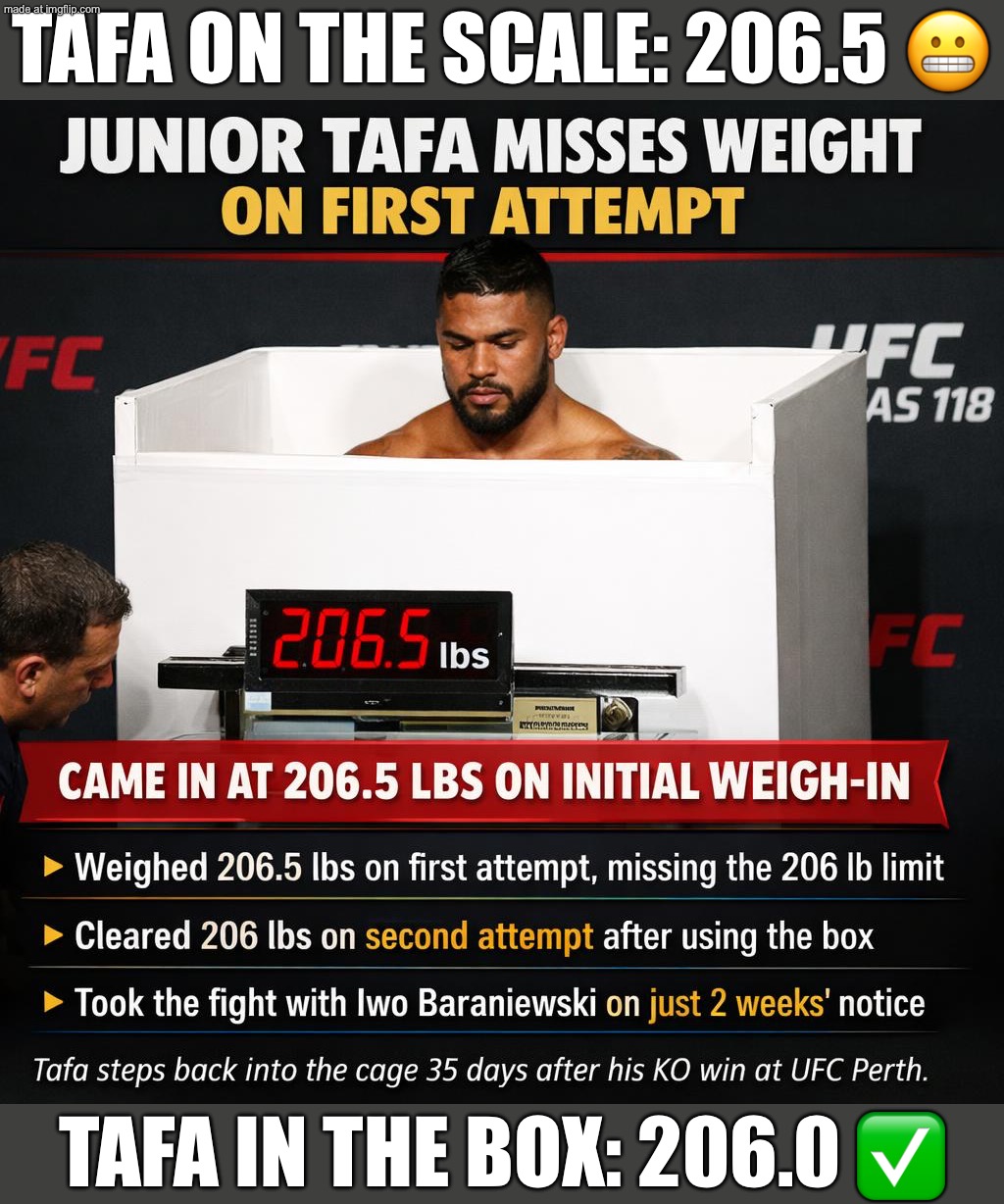 TAFA: TAKES FIGHT ON 2 WEEKS’ NOTICE; THE SCALE: “WE’RE GONNA NEED A SECOND ATTEMPT… AND A BOX.” | TAFA ON THE SCALE: 206.5 😬; TAFA IN THE BOX: 206.0 ✅ | image tagged in ufc vegas 118,ufc,weight,scale,sports,martial arts | made w/ Imgflip meme maker
