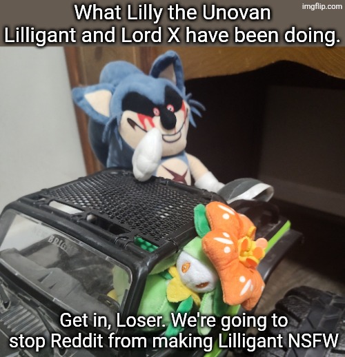 Get in, Loser. we're going to stop reddit! | What Lilly the Unovan Lilligant and Lord X have been doing. Get in, Loser. We're going to stop Reddit from making Lilligant NSFW | image tagged in lilly and lord x go drive by,lilly,lord x | made w/ Imgflip meme maker