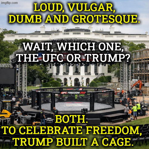 To celebrate freedom, Trump built a cage. | Loud, vulgar, dumb and grotesque. Wait, which one, the UFC or Trump? Both. 
To celebrate Freedom, 
Trump built a cage. | image tagged in ufc freedom 250,trump,loud,vulgar,dumb,grotesque | made w/ Imgflip meme maker