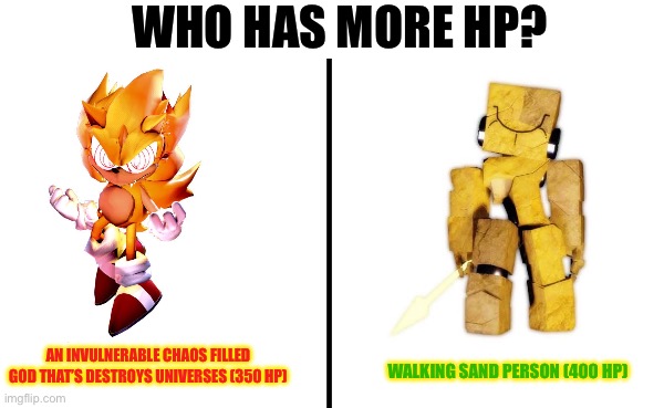 Fleetway Super Sonic vs Harken (Outcome Memories vs Die of Death Logic) | Who has more hp? An invulnerable chaos filled god that’s destroys universes (350 hp); Walking sand person (400 hp) | image tagged in sonic the hedgehog,roblox | made w/ Imgflip meme maker