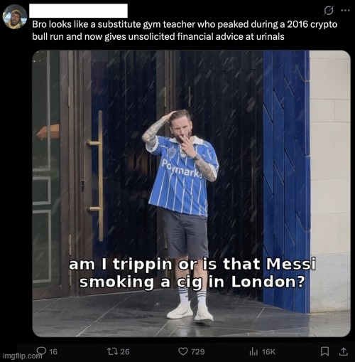 image tagged in messi,substitute teacher,gym,crypto,advice,urinal | made w/ Imgflip meme maker