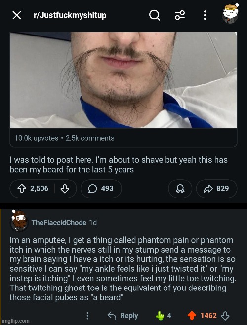 image tagged in beard,amputee,phantom,pain,phantom pain,itch | made w/ Imgflip meme maker