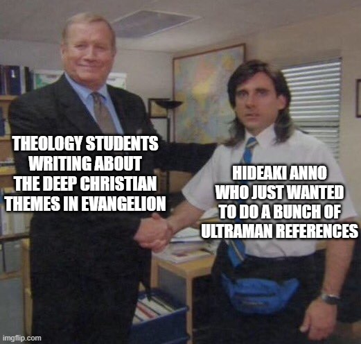 the office congratulations | theology students writing about the deep christian themes in evangelion; Hideaki Anno who just wanted to do a bunch of ultraman references | image tagged in the office congratulations | made w/ Imgflip meme maker