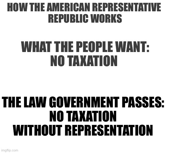Practically The Same - Not | How The American Representative 
Republic Works; What THE PEOPLE want:
No Taxation; The law government passes:
No taxation without representation | image tagged in almost the same,government knows best,small additions | made w/ Imgflip meme maker