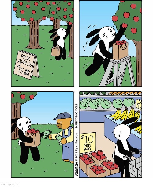 Buni Comics | image tagged in comics,apples,expensive,market,cheaper,regret | made w/ Imgflip meme maker