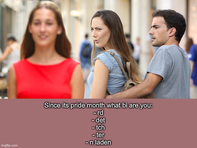 Pride Quiz: answer in comments | Since its pride month what bi are you:
- rd
- det
- tch
- ter
- n laden | image tagged in distracted girlfriend bisexual,bisexual,bird,quiz | made w/ Imgflip meme maker