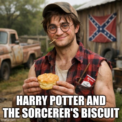 redneck harry potter holding a biscuit in his hands | harry potter and the sorcerer's biscuit | image tagged in redneck harry potter holding a biscuit in his hands | made w/ Imgflip meme maker