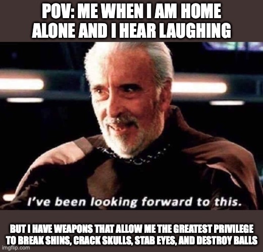 BRING IT ON!!! | POV: Me when I am home alone and I hear laughing; But I have weapons that allow me the greatest privilege to break shins, crack skulls, stab eyes, and destroy balls | image tagged in i've been waiting for this,random,ssenmodnar,bring it on | made w/ Imgflip meme maker
