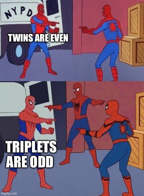 Twins are even Triplets are odd | image tagged in spiderman pointing at spiderman,3 spiderman pointing | made w/ Imgflip meme maker