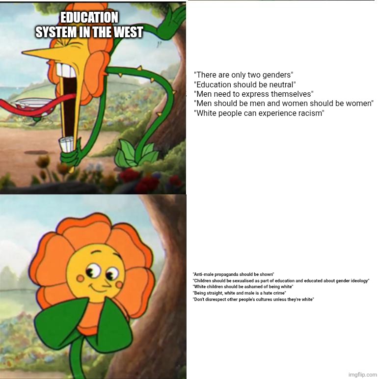 Cuphead Flower | "There are only two genders"

"Education should be neutral"

"Men need to express themselves"

"Men should be men and women should be women"

"White people can experience racism"; Education system in the West; "Anti-male propaganda should be shown"


"Children should be sexualised as part of education and educated about gender ideology"


"White children should be ashamed of being white"


"Being straight, white and male is a hate crime"


"Don't disrespect other people's cultures unless they're white" | image tagged in cuphead flower | made w/ Imgflip meme maker