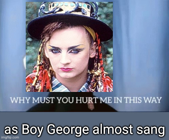why must you hurt me in this way | as Boy George almost sang | image tagged in why must you hurt me in this way | made w/ Imgflip meme maker