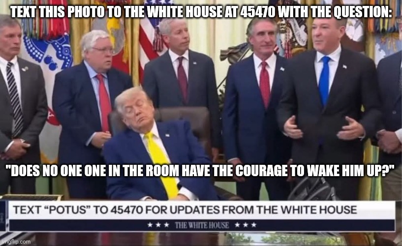Don Jr. & Eric need to start looking for a retirement home for sleepy Daiper Fon | Text this photo to the White House at 45470 with the question:; "Does no one one in the room have the courage to wake him up?" | image tagged in donald trump sleeping on the job,trump unfit unqualified dangerous,impeach trump,donald trump,homer simpson sleeping peacefully | made w/ Imgflip meme maker