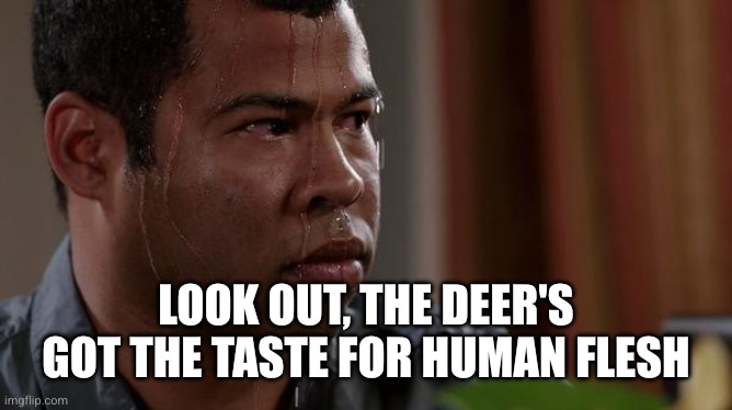 sweating bullets | Look out, the deer's got the taste for human flesh | image tagged in sweating bullets | made w/ Imgflip meme maker