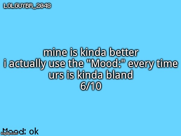 BrazilianGuy announcement temp | mine is kinda better
i actually use the "Mood:" every time
urs is kinda bland
6/10 ok | image tagged in brazilianguy announcement temp | made w/ Imgflip meme maker