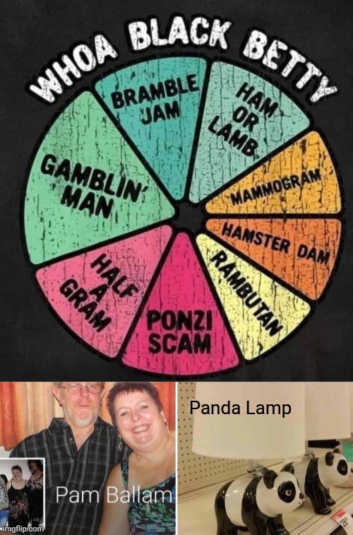 Dang thing gone wild | Panda Lamp | image tagged in black betty,ram jam,70's,classic rock,music,pie chart | made w/ Imgflip meme maker