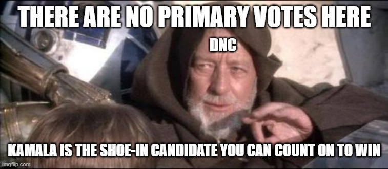 These Aren't The Droids You Were Looking For Meme | there are no primary votes here; DNC; kamala is the shoe-in candidate you can count on to win | image tagged in memes,these aren't the droids you were looking for | made w/ Imgflip meme maker