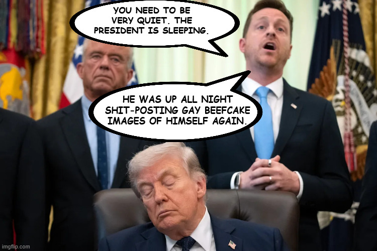 Drowzy Donny is eepy again. | You need to be very quiet. The President is sleeping. he was up all night shit-posting gay beefcake images of himself again. | image tagged in drowzy donny,trump sleep,stroke,dementia donny | made w/ Imgflip meme maker