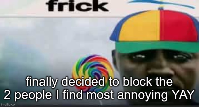 frick | finally decided to block the 2 people I find most annoying YAY | image tagged in frick | made w/ Imgflip meme maker