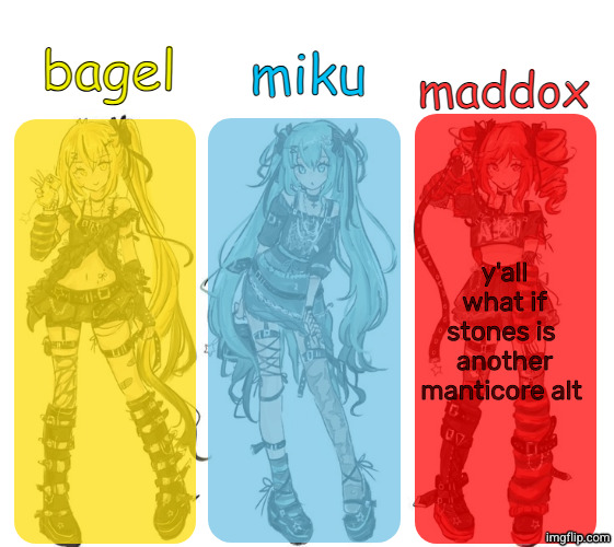lemme cook | y'all what if stones is 

another manticore alt | image tagged in miku bagel and maddox temp | made w/ Imgflip meme maker