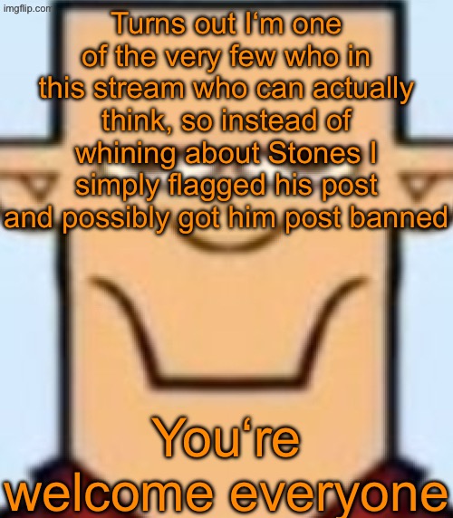 No need to thank me | Turns out I‘m one of the very few who in this stream who can actually think, so instead of whining about Stones I simply flagged his post and possibly got him post banned; You‘re welcome everyone | image tagged in sped tyler | made w/ Imgflip meme maker