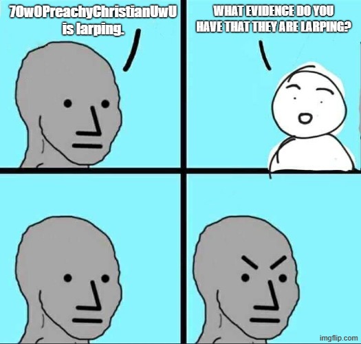 They Think That I Am Larping | 7OwOPreachyChristianUwU is larping. What evidence do you have that they are larping? | image tagged in npc meme,memes | made w/ Imgflip meme maker