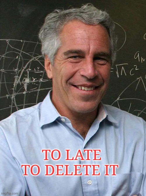 Jeff Epstein | To late to delete it | image tagged in jeff epstein | made w/ Imgflip meme maker