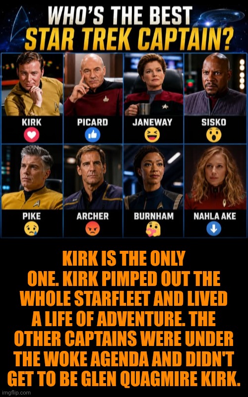 Funny | Kirk is the only one. Kirk pimped out the whole Starfleet and lived a life of adventure. The other captains were under the woke agenda and didn't get to be Glen Quagmire Kirk. | image tagged in funny,politics,woke,agenda,star trek,quagmire | made w/ Imgflip meme maker