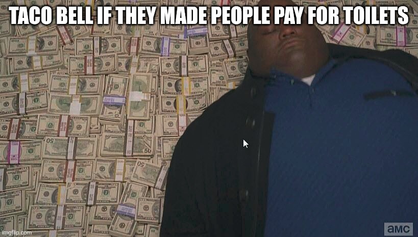 Fat guy laying on money | Taco Bell if they made people pay for toilets | image tagged in fat guy laying on money,taco bell,poop | made w/ Imgflip meme maker