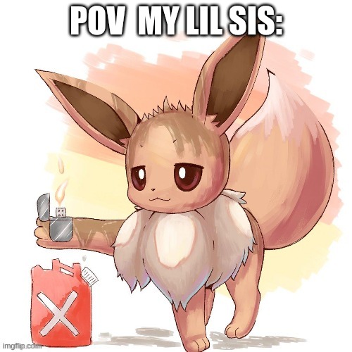 Arsonist Eevee | pov  my lil sis: | image tagged in arsonist eevee | made w/ Imgflip meme maker