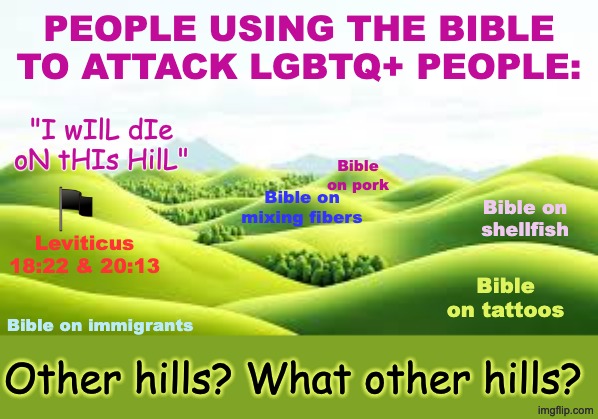 Happy Pride and compassion! God is Love: now go and study your Bible | People using the bible to attack LGBTQ+ people:; "I wIlL dIe oN tHIs HilL"; Bible on pork; Bible on mixing fibers; Bible on shellfish; Leviticus 18:22 & 20:13; Bible on tattoos; Bible on immigrants; Other hills? What other hills? | image tagged in green hills,bible,lgbtq,homophobia,logic | made w/ Imgflip meme maker