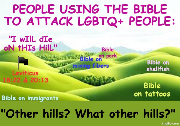 Your Pride month reminder: Anti-LGBTQ+ is profoundly anti-Christian | People using the bible to attack LGBTQ+ people:; "I wIlL dIe oN tHIs HilL"; Bible on pork; Bible on mixing fibers; Bible on shellfish; Leviticus 18:22 & 20:13; Bible on tattoos; Bible on immigrants; "Other hills? What other hills?" | image tagged in green hills,bible,hypocrisy,homophobia,logic | made w/ Imgflip meme maker