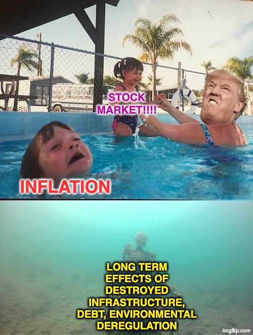 It's a success if you bring at least one kid back from the pool, right? | stock
market!!!! inflation; long term effects of destroyed infrastructure, debt, environmental deregulation | image tagged in mother ignoring kid drowning in a pool,trump,idiocracy,economy,destruction | made w/ Imgflip meme maker