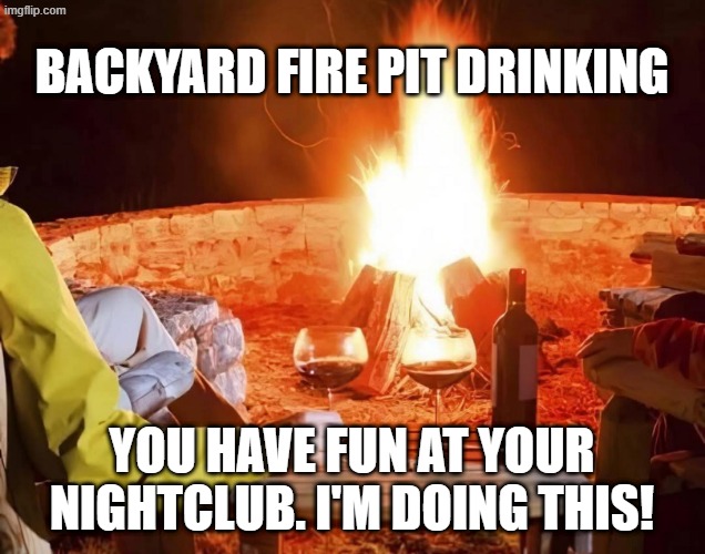 Good Times | Backyard fire pit drinking; You have fun at your nightclub. I'm doing this! | image tagged in party,fun,drinks,cocktails,fire,friends | made w/ Imgflip meme maker
