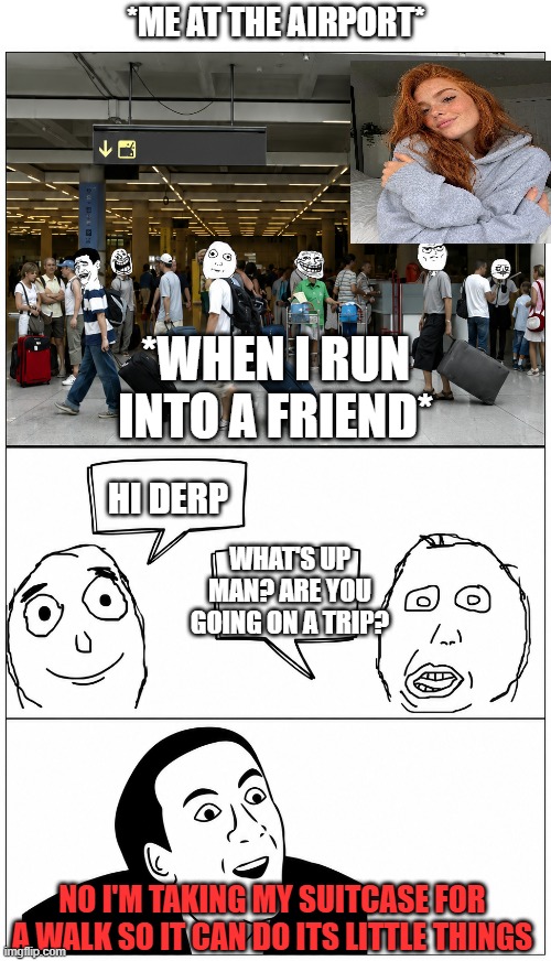 when people ask stupid questions | *Me at the airport*; *When I run into a friend*; Hi derp; What's up man? Are you going on a trip? NO I'M TAKING MY SUITCASE FOR A WALK SO IT CAN DO ITS LITTLE THINGS | image tagged in you don't say,memes | made w/ Imgflip meme maker