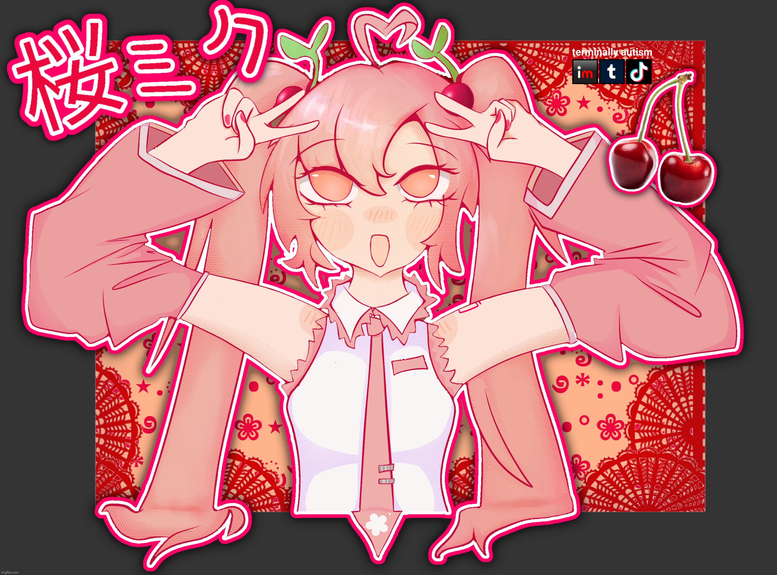 dark mode version of sakura miku (桜ミク)(im larping understanding japanese atp) | made w/ Imgflip meme maker