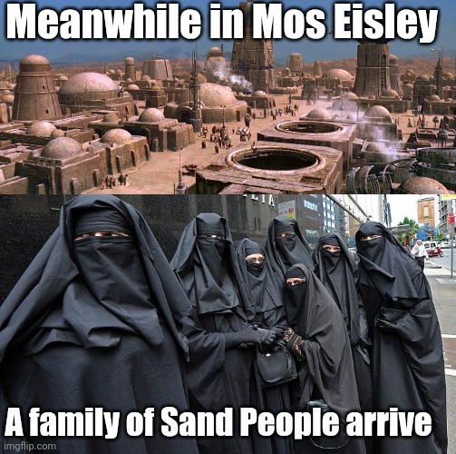 Somalia memes | Meanwhile in Mos Eisley; A family of Sand People arrive | image tagged in mos_eisley webp | made w/ Imgflip meme maker