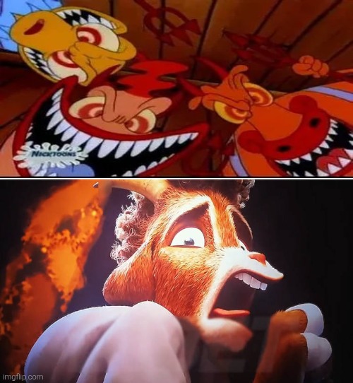 Rocko, Heffer and Bev as devils scare that poor goat kid | image tagged in will harris scared at what,rocko's modern life,nightmare fuel,nickelodeon | made w/ Imgflip meme maker